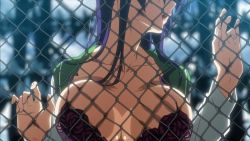 Rule 34 | 1girl, against fence, bra, breast press, breasts, breasts out, busujima saeko, chain-link fence, fence, highres, highschool of the dead, lace, lace-trimmed bra, lace trim, large breasts, lingerie, lips, long hair, open clothes, open mouth, purple hair, school uniform, screencap, serafuku, solo, strap gap, underwear, wallpaper