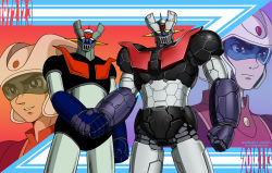 Rule 34 | 1970s (style), alternate universe, black eyes, clenched hands, dated, handshake, highres, joints, kabuto kouji, looking at viewer, looking to the side, mazinger (series), mazinger z, mazinger z: infinity, mazinger z (mecha), mecha, oldschool, release date, retro artstyle, robot, robot joints, super robot, taaburu, toei animation