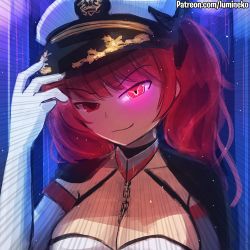 Rule 34 | 1girl, azur lane, breasts, chain, cleavage, code geass, collar, commentary, elbow gloves, emphasis lines, evil smile, geass, gloves, glowing, glowing eye, hat, honolulu (azur lane), large breasts, lelouch vi britannia, looking at viewer, lumineko, peaked cap, red eyes, red hair, smile, twintails, upper body, white gloves