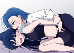 Rule 34 | 2girls, ado (utaite), ahoge, belt, black belt, black shirt, black shorts, blue eyes, blue hair, blue pants, blush, breasts, collared shirt, commentary request, crop top, cropped shirt, fang, hair over one eye, hand on another&#039;s stomach, highres, long hair, lying, merry (ado), midriff, multiple girls, naima (ado), nori (norinori yrl), open mouth, pants, ponytail, readymade (ado), shirt, shorts, simple background, skin fang, sleeveless, sleeveless shirt, sleeves past elbows, small breasts, sweatdrop, teeth, undressing another, upper teeth only, usseewa, white background, white shirt, yuri