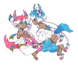 Rule 34 | 1boy, 1girl, all fours, alternate color, androgynous, backless dress, backless outfit, barefoot, blue hair, blue sclera, blush, colored sclera, creatures (company), crossed legs, dark skin, detached sleeves, dress, facial tattoo, fingerless gloves, full body, game freak, gen 6 pokemon, gloves, hands on own knees, horns, kneeling, leotard, looking at viewer, looking back, multicolored hair, nail polish, nintendo, oimo (14sainobba), panties, pantyshot, personification, pink hair, pink sclera, pointy ears, pokemon, puffy pants, puffy sleeves, ribbon, shiny and normal, shiny pokemon, short dress, short hair, streaked hair, sylveon, tail, tattoo, thighhighs, underwear, white dress, white hair