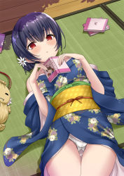 Rule 34 | 1girl, barefoot, black hair, blue kimono, blush, book, commentary request, floral print, flower, gluteal fold, hair flower, hair ornament, highres, holding, holding book, idolmaster, idolmaster shiny colors, indoors, japanese clothes, kimono, kimono pull, looking at viewer, lying, morino rinze, obi, on back, on floor, open book, panties, pantyshot, parted lips, print skirt, red eyes, sash, sengoku aky, short hair, skirt, solo, tatami, thigh gap, translation request, underwear, white flower, white panties