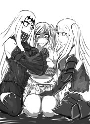 Rule 34 | 10s, 3girls, abyssal ship, aircraft carrier oni, aircraft carrier water oni, armor, armored boots, black dress, boots, bound, breasts, detached sleeves, dress, frown, gauntlets, greyscale, hair ornament, hakama, hakama short skirt, hakama skirt, hand on another&#039;s face, hand on another&#039;s thigh, hand on thigh, japanese clothes, joyful, kantai collection, kneeling, large breasts, long hair, looking at another, miniskirt, monochrome, multiple girls, muneate, nervous, one side up, ribbed dress, rivalry, rope, sailor dress, shaded face, short dress, skirt, sweat, thigh boots, thighhighs, tied up, twintails, white background, white hair, yuri, zettai ryouiki, zuikaku (kancolle)