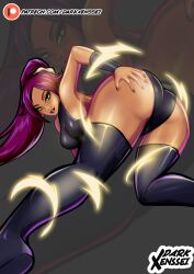 1girl artist_name black_leotard black_thighhighs bleach bleach:_sennen_kessen-hen breasts darkxenssei electricity female_focus hair_ornament hand_on_own_ass highres large_breasts leotard long_hair patreon_username ponytail purple_hair shihouin_yoruichi simple_background thick_thighs thighhighs thighs yellow_eyes