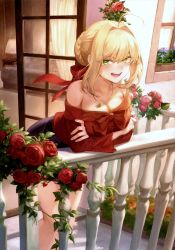 Rule 34 | 1girl, absurdres, ahoge, balcony, bare shoulders, blonde hair, blush, braid, breasts, cleavage, collarbone, fate/extra, fate (series), flower, french braid, green eyes, highres, jewelry, leaning forward, long hair, long sleeves, looking at viewer, mashuu (neko no oyashiro), necklace, nero claudius (fate), nero claudius (fate) (all), nero claudius (fate/extra), open mouth, rose, scan, skirt, smile, solo
