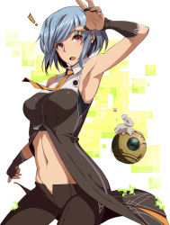 Rule 34 | !, 1girl, arm up, armpits, black pants, blue hair, breasts, fang, kurowa, looking at viewer, marguerite (unlight), navel, necktie, open mouth, pants, red eyes, short hair, solo, unlight