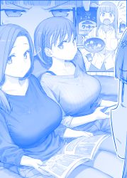 Rule 34 | 3girls, ai-chan&#039;s mother (tawawa), ai-chan&#039;s sister (tawawa), ai-chan (tawawa), anger vein, blue theme, bra strap, breast pocket, breasts, buttons, catalog, collarbone, comic, cookie, crumbs, denim, expressionless, food, frown, getsuyoubi no tawawa, himura kiseki, jeans, large breasts, looking back, monochrome, mother and daughter, multiple girls, nail polish, open mouth, package, pants, pocket, reading, ribbed sweater, short hair, siblings, silent comic, sisters, sweater