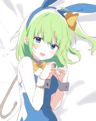 Rule 34 | 1girl, animal ears, bed sheet, blue eyes, blue leotard, blush, daiyousei, detached collar, fairy, fairy wings, fake animal ears, fujishiro emyu, green hair, leotard, long hair, looking at viewer, one side up, open mouth, rabbit ears, solo, strapless, strapless leotard, touhou, upper body, wings, wrist cuffs