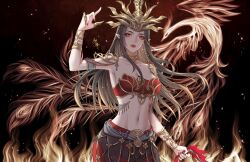 Rule 34 | 1girl, artist request, bird, black hair, cai lin (doupo cangqiong), doupo cangqiong, earrings, fire, highres, holding, jewelry, long hair, navel, parted lips, phoenix, pointy ears, red hair, red tube top, second-party source, solo, strapless, teeth, tiara, tube top, upper body
