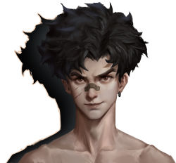Rule 34 | 1boy, bandaid, bandaid on face, bandaid on nose, black hair, brown eyes, collarbone, ear piercing, highres, joe (megalo box), looking at viewer, male focus, megalo box, piercing, portrait, scar, scar on face, shadow, simple background, solo, stan., white background