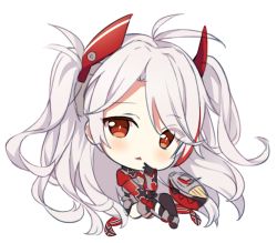 Rule 34 | 1girl, :&lt;, antenna hair, azur lane, black gloves, black thighhighs, blush, brown eyes, chibi, cross, finger to mouth, full body, gloves, grey jacket, hair between eyes, headgear, hitsukuya, iron cross, jacket, long hair, long sleeves, looking at viewer, military jacket, multicolored hair, parted lips, prinz eugen (azur lane), red hair, sidelocks, silver hair, simple background, solo, streaked hair, swept bangs, thighhighs, triangle mouth, two side up, very long hair, white background