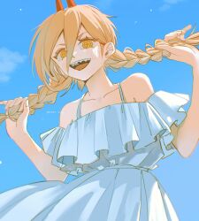 Rule 34 | 1girl, alternate costume, alternate hairstyle, bare shoulders, blonde hair, blue sky, blush, braid, chainsaw man, collarbone, crosshair pupils, day, dress, frilled dress, frills, highres, holding, holding own hair, horns, ice morinaka, long hair, looking at viewer, open mouth, outdoors, power (chainsaw man), red horns, sky, solo, teeth, twin braids, upper body, upper teeth only, white dress, yellow eyes