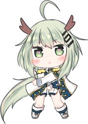 Rule 34 | 1girl, :&lt;, ahoge, an shan (azur lane), azur lane, bailingxiao jiu, blush, cape, dress, epaulettes, full body, green eyes, green hair, hair ornament, heart, heart-shaped pupils, horns, long hair, long sleeves, parted lips, shoes, simple background, solo, standing, symbol-shaped pupils, triangle mouth, very long hair, white background, white cape, white dress, white footwear