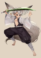 Rule 34 | 1boy, absurdres, animal ear fluff, animal ears, belt, closed mouth, ear piercing, full body, grey background, highres, holding, holding sword, holding weapon, huge filesize, katana, kimetsu no yaiba, large ears, large tail, long sleeves, monza (saeumon), open clothes, piercing, purple eyes, scar, scar on chest, scar on face, shinazugawa sanemi, simple background, sword, tail, weapon, white hair, wide sleeves