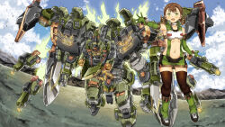 Rule 34 | 1girl, absurdres, black thighhighs, blush, boots, breasts, brown hair, center opening, cloud, elbow gloves, funnels (gundam), garimpeiro, gloves, glowing, glowing eyes, green eyes, green footwear, green gloves, gun, hair rings, highres, holding, holding gun, holding weapon, mecha, mountain, open hand, open mouth, orange eyes, original, robot, sky, small breasts, smile, thighhighs, weapon