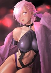 Rule 34 | 1girl, alternate hairstyle, breasts, elbow gloves, fate/grand order, fate (series), glasses, gloves, hair over one eye, highres, kilye kairi, leotard, looking at viewer, mash kyrielight, navel, open mouth, pink hair, purple eyes, short hair, solo
