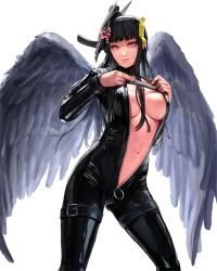 Rule 34 | 1girl, bad id, bad twitter id, belt, bird wings, black hair, black wings, blunt bangs, bodysuit, breasts, buckle, catsuit, center opening, cowboy shot, dead or alive, dead or alive 5, feathered wings, folding fan, full-length zipper, hair ornament, hand fan, holding, large breasts, light smile, lips, long hair, mask, mole, mole under mouth, navel, no bra, nyotengu, open bodysuit, open clothes, parted lips, pink eyes, simple background, solo, take no ko (dodon), tengu mask, underboob, unzipped, white background, wings, zipper