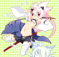 Rule 34 | 1girl, bandages, horns, long hair, navel, original, pink hair, red eyes, reku, shiroko (reku), sword, weapon