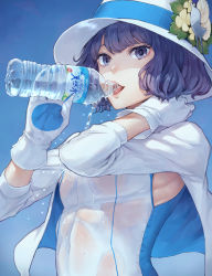 Rule 34 | 1girl, black eyes, black hair, blue sky, bottle, breasts, capelet, commentary request, competition swimsuit, day, drinking, dripping, flower, gloves, hands up, hat, hat flower, highres, kaoming, long sleeves, medium breasts, one-piece swimsuit, open mouth, outdoors, see-through, short hair, sky, solo, sun hat, suntory, suntory nomu, swimsuit, tongue, upper body, virtual youtuber, water, water bottle, wet, wet clothes, wet swimsuit, white capelet, white flower, white gloves, white hat, white one-piece swimsuit