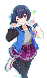 Rule 34 | 1girl, armband, belt, black hair, black pantyhose, blue ribbon, blush, collarbone, finger to face, grey shirt, hair between eyes, hair bun, hair ribbon, hands up, highres, idolmaster, idolmaster shiny colors, jacket, long sleeves, looking at viewer, multicolored clothes, one eye closed, open clothes, open jacket, pantyhose, pleated skirt, purple belt, purple skirt, red eyes, ribbon, shirt, shoes, short hair, simple background, skirt, smile, sneakers, solo, soramame tomu, standing, standing on one leg, star (symbol), star print, tongue, tongue out, white background