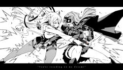 Rule 34 | 2girls, alternate costume, animal ears, battle, capelet, commentary, cross, duel, english commentary, english text, eye mask, finger on trigger, firing, floating hair, gloves, greyscale, gun, half gloves, hand up, handgun, holding, holding gun, holding weapon, hololive, jacket, letterboxed, lion ears, lion girl, long hair, medium hair, military, military jacket, military uniform, miniskirt, monochrome, multiple girls, muzzle flash, open mouth, outstretched arm, pantyhose, pantyhose under shorts, parody, pleated skirt, sakamata chloe, shirt, shishiro botan, shishiro botan (button-down), shorts, simple background, sin city, skirt, spot color, taka t, thigh strap, uniform, virtual youtuber, weapon, weapon request, white background