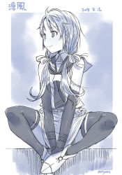 Rule 34 | 1girl, attyon, blue theme, character name, dated, elbow gloves, gloves, hair ribbon, kantai collection, long hair, low twintails, monochrome, neckerchief, ribbon, sailor collar, school uniform, signature, simple background, sitting, skirt, sleeveless, smile, solo, suzukaze (kancolle), thighhighs, twintails