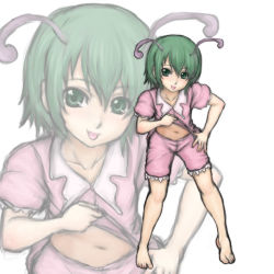 Rule 34 | 1girl, :p, antennae, barefoot, clothes lift, come hither, feet, female focus, full body, green eyes, green hair, hand on own hip, kuro suto sukii, lifted by self, matching hair/eyes, navel, pajamas, shirt lift, short hair, solo, teasing, tongue, tongue out, touhou, wriggle nightbug, zoom layer