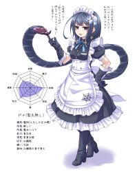 Rule 34 | 1girl, absurdres, black dress, black footwear, black gloves, black hair, boots, dress, eyeball hair ornament, frilled dress, frilled hairband, frills, gloves, hairband, hand on own hip, headdress, highres, kyuutou (kyuutouryuu), looking at viewer, maid, medium hair, original, puffy short sleeves, puffy sleeves, rubber boots, scorpion tail, shadow, short sleeves, solo, stats, tail, translation request, white background