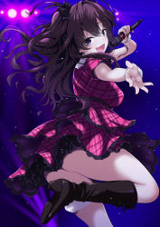 Rule 34 | 1girl, ahoge, ass, blue eyes, blush, boots, breasts, bridal garter, brown hair, dress, frills, ichinose shiki, idolmaster, idolmaster cinderella girls, knee boots, leg up, legs, long hair, looking at viewer, medium breasts, microphone, open mouth, outstretched arm, pink dress, plaid, plaid dress, saki chisuzu, smile, solo, stage lights, thighs, two side up, wavy hair, wrist cuffs