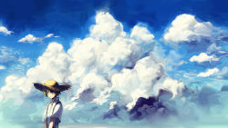 Rule 34 | androgynous, blonde hair, blue sky, canarinu, cloud, day, gender request, gradient background, green eyes, hat, highres, negative space, original, outdoors, short hair, sky, solo, straw hat, upper body, wide shot