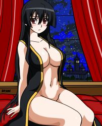 Rule 34 | 1girl, akame (akame ga kill!), akame ga kill!, ass, bare arms, bare legs, black hair, blush, bottomless, breasts, building, castle, casual nudity, city below, cleavage, cloud, cloudy sky, couch, curtains, evening, exposed thigh, exposing self, fancy dress, female focus, hair between eyes, indoors, large breasts, legs, long hair, looking at viewer, midriff, naked robe, navel, night, night sky, nipples, no bra, no panties, nude, pale skin, red eyes, revealing clothes, robe, sexually suggestive, sitting, sky, solo, stars, thighs, tree, very long hair