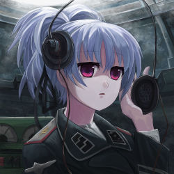 Rule 34 | 1girl, ??? (sdg19881022), character request, copyright request, grey hair, headphones, highres, looking at viewer, parted lips, purple eyes, short ponytail, solo, tank interior, uniform, upper body