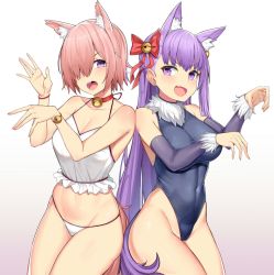 Rule 34 | 2girls, alternate costume, animal ear fluff, animal ears, bare arms, bare shoulders, bb (fate), bb (fate/extra), bell, black bodysuit, blush, bodysuit, bow, breasts, cat ears, choker, cleavage, collarbone, commentary request, covered navel, detached sleeves, eyes visible through hair, fang, fate/grand order, fate (series), hair bell, hair bow, hair ornament, hair over one eye, large breasts, light purple hair, long hair, looking at viewer, mash kyrielight, multiple girls, navel, neck bell, open mouth, panties, pink hair, purple eyes, purple hair, purple sleeves, red bow, red choker, shirt, short hair, simple background, skin fang, smile, tail, underwear, white background, white panties, white shirt, xubai