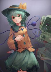 Rule 34 | 1girl, blood, bloody knife, cowboy shot, floral print, gradient background, green eyes, green hair, green skirt, grin, hat, heart, heart of string, highres, holding, holding knife, knife, komeiji koishi, long sleeves, looking at viewer, phone, shirt, simple background, skirt, smile, solo, taguno, third eye, touhou, wide sleeves, yellow shirt