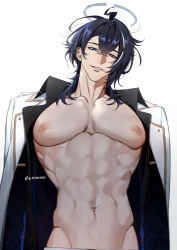 1boy abs absurdres azeru_(vtuber) bare_pectorals black_hair black_shirt blue_eyes bright_pupils collarbone collared_shirt commentary crossed_bangs earclip earrings english_commentary eriimyon grin hair_between_eyes halo head_tilt highres indie_virtual_youtuber jacket jacket_on_shoulders jewelry looking_at_viewer lowleg male_focus medium_hair multicolored_hair narrow_waist nipples open_clothes open_shirt pectorals shirt simple_background smile solo streaked_hair toned toned_female twitter_username upper_body veins virtual_youtuber white_background white_hair white_halo white_jacket white_pupils