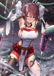 Rule 34 | 3:, absurdres, armpits, arms up, baffu, black thighhighs, blue eyes, blurry, blurry foreground, blush, breasts, brown hair, depth of field, detached sleeves, highres, hitoyo (baffu), huge filesize, imminent rape, kneeling, large breasts, original, pelvic curtain, penis tentacle, pleated skirt, restrained, short hair, short hair with long locks, sidelocks, single thighhigh, skirt, solo, sweat, tentacles, thighhighs