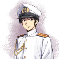 Rule 34 | 10s, 1boy, admiral (kancolle), aiguillette, black hair, brown eyes, epaulettes, hat, kantai collection, looking at viewer, male focus, masamuuu, military, military uniform, naval uniform, peaked cap, sideburns, solo, uniform, upper body