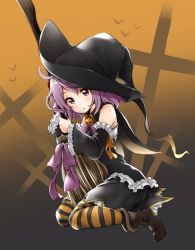 Rule 34 | 10s, 1girl, alternate costume, bare shoulders, broom, commentary request, detached sleeves, hair bobbles, hair ornament, halloween, halloween costume, hat, kantai collection, long sleeves, multicolored clothes, multicolored legwear, open mouth, pantyhose, sazanami (kancolle), short hair, soborou, solo, striped clothes, striped legwear, striped pantyhose, witch hat