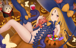 Rule 34 | 1girl, abigail williams (fate), abigail williams (second ascension) (fate), balloon, bendy straw, black bow, black hat, black panties, blonde hair, blue thighhighs, blush, bow, bug, butterfly, candy, candy cane, candy wrapper, commentary request, cup, drinking glass, drinking straw, fate/grand order, fate (series), food, fou (fate), groin, halloween, halloween bucket, hat, hat bow, highres, ice, ice cube, insect, jack-o&#039;-lantern, key, keyhole, knee up, leg up, lollipop, long hair, looking at viewer, orange bow, panties, parted bangs, parted lips, red eyes, revealing clothes, single thighhigh, skull print, solo, swirl lollipop, tentacles, thighhighs, topless, underwear, very long hair, watch artwork, witch hat, wooden floor