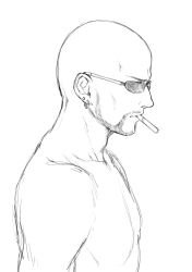 Rule 34 | 1boy, bad id, bad pixiv id, bald, beard, cigarette, closed mouth, commentary request, ear piercing, earrings, facial hair, final fantasy, final fantasy vii, final fantasy vii remake, from side, greyscale, highres, jewelry, male focus, mondi hl, monochrome, piercing, profile, rude (ff7), sketch, solo, sunglasses, topless male, upper body