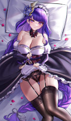 Rule 34 | 1girl, absurdres, bare shoulders, black panties, black thighhighs, breasts, cleavage, closed mouth, detached collar, eternity (shadeh), from above, garter belt, genshin impact, highres, lace, lace-trimmed legwear, lace trim, large breasts, lifting own clothes, long hair, looking at viewer, low-braided long hair, low-tied long hair, lying, mole, mole under eye, on back, panties, pearl thong, pillow, purple eyes, purple hair, raiden shogun, solo, thighhighs, thighs, underwear, very long hair