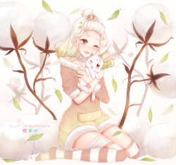 Rule 34 | 1girl, animal, animal ears, animal hug, artist name, blonde hair, blush, brown eyes, commentary, commission, deviantart logo, flower, fluffy, fur trim, hair flower, hair ornament, highres, holding, holding animal, instagram logo, leaf, long hair, looking at viewer, multicolored hair, no shoes, original, puppypaww, rabbit, rabbit ears, red eyes, short sleeves, sitting, solo, thighhighs, twitter logo, two-tone hair, two-tone legwear, white hair, winter clothes