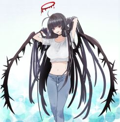 Rule 34 | 1girl, absurdres, alternate costume, black hair, blue archive, breasts, denim, highres, jeans, large breasts, large wings, long hair, looking at viewer, navel, pants, red eyes, shirt, solo, t-shirt, tsurugi (blue archive)