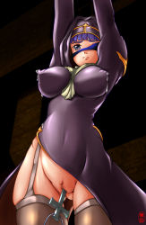 Rule 34 | 1girl, bdsm, blindfold, blue hair, bondage, bound, breasts, censored, covered erect nipples, cross, eyepatch, highres, impossible clothes, lactation, lactation through clothes, large breasts, no panties, object insertion, priest, priest (ragnarok online), priestess, pussy, ragnarok online, short hair, skindentation, solo, thighhighs, tight clothes, uniform