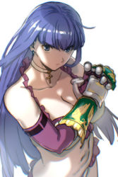 Rule 34 | 1girl, aoba (smartbeat), bare shoulders, bikini, blue eyes, breasts, choker, cleavage, collarbone, cross, cross choker, elbow gloves, fate/grand order, fate (series), gauntlets, gloves, highres, large breasts, long hair, looking at viewer, martha (fate), martha (swimsuit ruler) (fate), martha (swimsuit ruler) (third ascension) (fate), navel, purple hair, red gloves, solo, swimsuit, white bikini