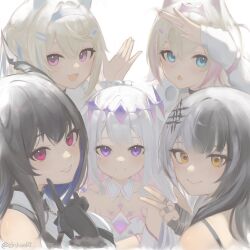 Rule 34 | 5girls, absurdres, black gloves, black hair, blonde hair, blue eyes, brown eyes, crossed arms, detached collar, fuwawa abyssgard, fuwawa abyssgard (1st costume), gloves, grey hair, hairband, headphones, highres, holoadvent, hololive, hololive english, horns, jewelry, koseki bijou, koseki bijou (1st costume), long hair, mococo abyssgard, mococo abyssgard (1st costume), mole, mole under eye, multicolored hair, multiple girls, nerissa ravencroft, nerissa ravencroft (1st costume), pink eyes, purple eyes, ring, shiori novella, shiori novella (1st costume), siblings, smile, split-color hair, twins, v, virtual youtuber, white background, zinkaa