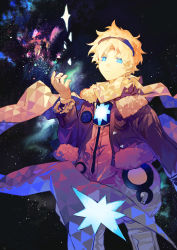 Rule 34 | 1boy, absurdres, blonde hair, blue eyes, c-i, fate/grand order, fate/requiem, fate (series), fur-trimmed jacket, fur trim, gloves, goggles, goggles on head, highres, jacket, leather, leather jacket, male focus, sky, solo, space, star (sky), starry sky, voyager (fate), voyager (third ascension) (fate)