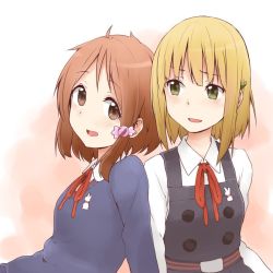 Rule 34 | 2girls, blonde hair, blouse, blush, breasts, brown eyes, brown hair, character request, collared shirt, dress, green eyes, hair ornament, hairclip, kagiana, looking at another, medium hair, multiple girls, open mouth, pinafore dress, shirt, sleeveless dress, smile, white shirt