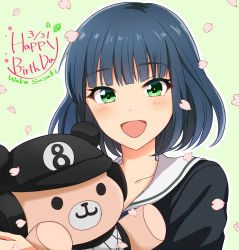 Rule 34 | 1girl, :d, bad id, bad pixiv id, black hair, blush, character name, cinderella series, dated, green background, green eyes, hachigatsu no cinderella nine, happy birthday, highres, holding, holding stuffed toy, looking at viewer, open mouth, petals, school uniform, short hair, simple background, smile, solo, stuffed animal, stuffed toy, suzuki waka, teddy bear, upper body