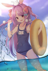 Rule 34 | &gt; &lt;, 1girl, :d, animal, animal ears, animal on head, bare arms, bare shoulders, blue bow, blue one-piece swimsuit, blue sky, bow, breasts, cloud, collarbone, commentary request, day, hair bow, hair intakes, hands up, holding, innertube, long hair, looking at viewer, name tag, old school swimsuit, on head, one-piece swimsuit, open mouth, original, outdoors, parted bangs, partially underwater shot, purple hair, rabbit, rabbit ears, red bow, red eyes, school swimsuit, sky, small breasts, smile, solo, splashing, standing, swim ring, swimsuit, two side up, usagimiko, very long hair, white bow